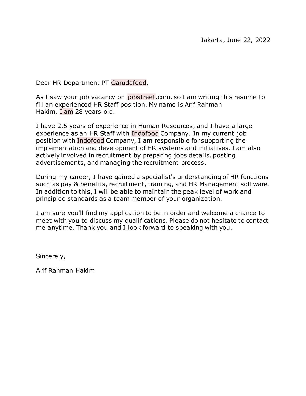Contoh Surat Resume Kerja Bahasa Inggris